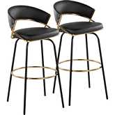 Jie 30" Swivel Bar Stool in Gold, Black Leatherette & Black Metal Legs (Set of 2)